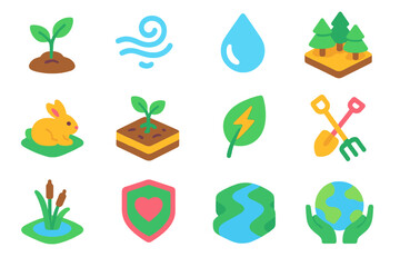 Isometric Environmental Icons. Environmental Protection Elements isometric flat set: sapling growth, clean air swirl, water purity drop, forest patch, animal refuge, soil renewal,