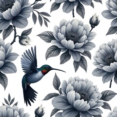 Obraz premium Monochrome floral pattern with peonies and hummingbirds. Delicate flowers and small birds repeat across white background. Vintage style botanical design ideal for fabric or wallpaper.