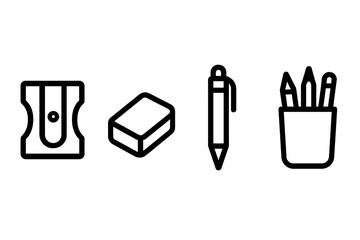 Desk Tool Icons. Desk Writing Tools linear set: pencil sharpener, eraser block, pen holder cup.