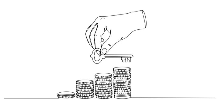 Continuous one line drawing of a hand holding a key over a stack of coins, representing control over wealth assets, line art style vector illustration.
