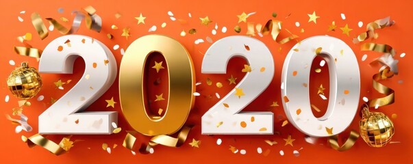New Year celebration with 2020 numbers, champagne toasts, gifts, festive decor, gold confetti and glitter