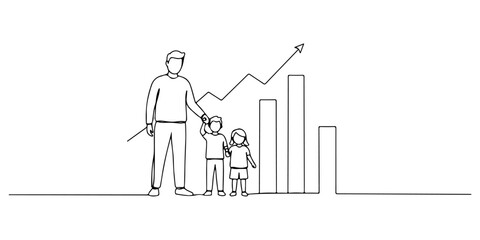 Fototapeta premium Continuous one line drawing of a happy family standing with a stable graph symbol behind, representing the financial stability of the family, line art style vector illustration.