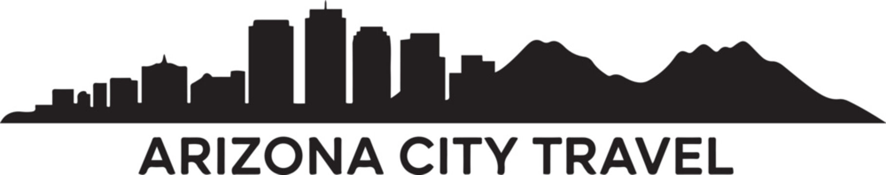Phoenix Skyline with Arizona City Travel. design Vector black silhouette