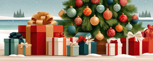 Christmas tree with wrapped gifts on a snowy beach by the ocean, festive and joyful scene