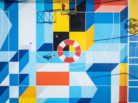 Aerial view of a vibrant basketball court explodes with geometric patterns, a playful collision of colors and shapes under the sun, Lisbon, Lisbon, Portugal.