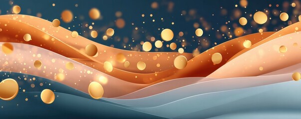 Elegant golden bokeh lights with flowing ribbons on a dark blue background for celebration and luxury