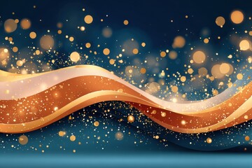 Elegant gold ribbons swirl over a dark blue background with glittering bokeh lights