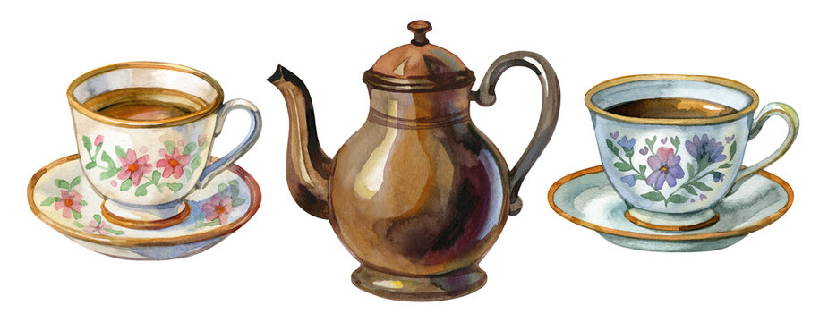 Watercolor tea set with a vintage copper teapot and two floral porcelain cups. Cozy and nostalgic illustration perfect for kitchen decor, recipe cards, caf branding, packaging, invitations and prints.