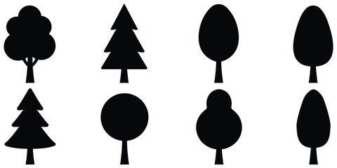 Tree silhouette icon set, Nature foliage shape pack, Botanical forest symbol collection