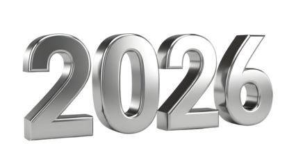 Shiny three dimensional silver metallic numerals representing the year 2026 for design projects