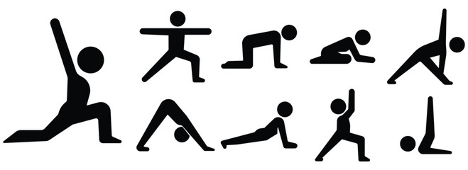 Yoga pose stickman set, Stretching exercise figure pack, Fitness flexibility silhouette collection