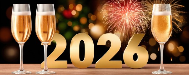 Golden 2026 celebration with champagne glasses, fireworks in the background for New Year party tonight.