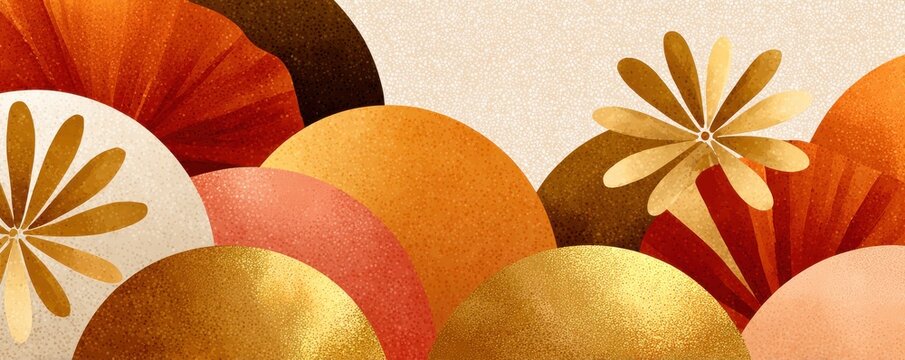 Golden watercolor background with Japanese fan patterns and abstract hills in warm beige tones - Powered by Adobe