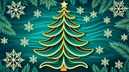 Festive Christmas tree illustration with golden edges and winter snowflake
