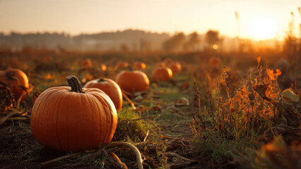Pumpkins in field at sunset