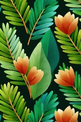 Seamless pattern of dark green pine branches and vibrant leaves for botanical design