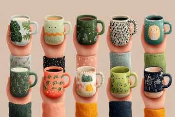Colorful mugs held on hands in different poses forming a cheerful mug collage