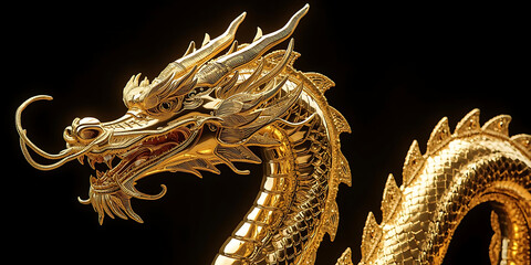 Powerful Golden Dragon Statue with Flowing Whiskers