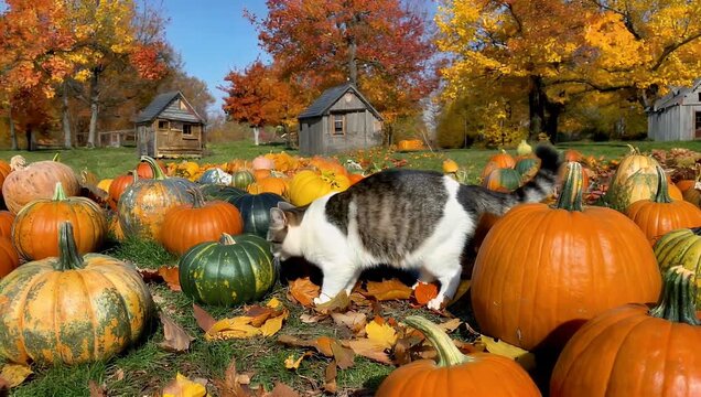 Delightful 4K Ultra HD autumn scene footage featuring a playful kitten intently investigating the ground inside a vast pumpkin patch charmingly surrounded by many vibrant pumpkins and richly colored