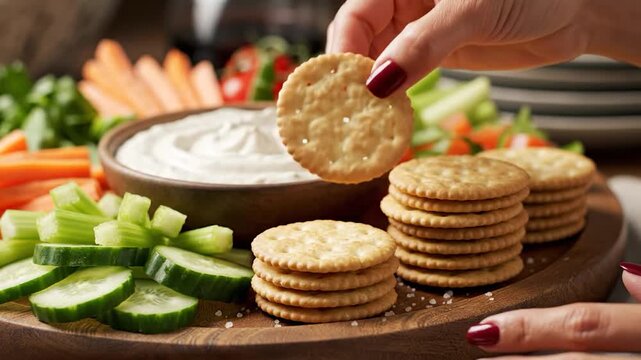 Hand taking cracker from platter with fresh vegetables and creamy dip