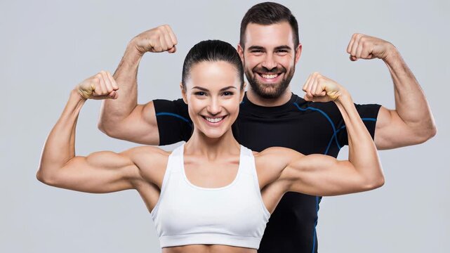 Fit man and woman confidently flexing their biceps muscles together showing strength on white background.