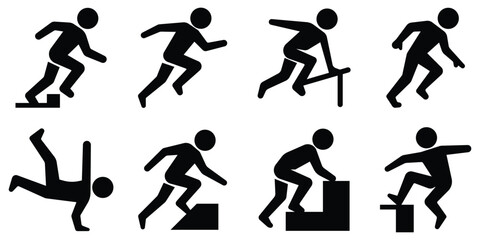 Extreme action stickman set, Parkour stunt figure pack, Jump and flip silhouette collection