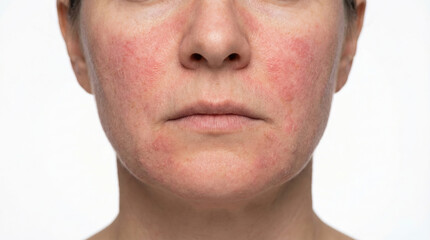 Obraz premium Woman with skin condition showing redness and irritation on face against white background