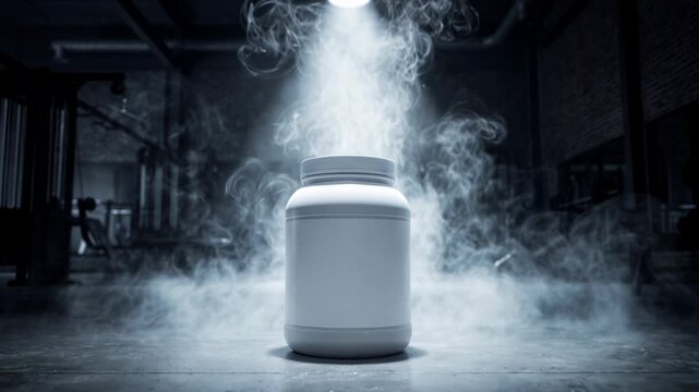 Mockup of a protein supplement jar showcased under dramatic spotlight with smoke inside a gym.