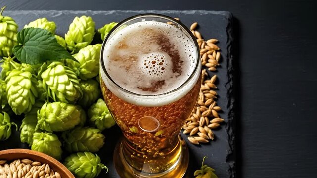 Beer making ingredients with frothy glass of beer. Hop cones, malt grains, and malt powder. Concept for brewing process.