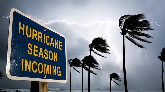 Wet hurricane season incoming sign with palm trees under stormy sky and lightning striking. Tropical storm warning concept.