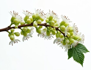 Obraz premium Close-up of flowering grape vine branch isolated on white background. Delicate blooms and green leaves create a beautiful texture. This image represents springtime growth and natural beauty.
