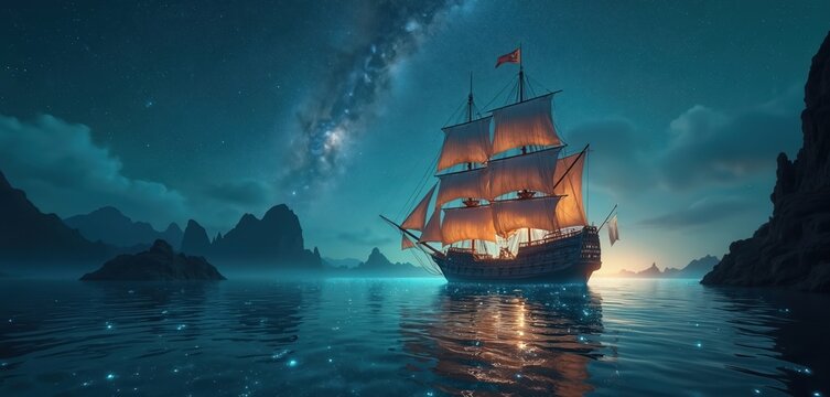 Pirate sailing ship in dark ocean with bioluminescent sea. Sailing vessel floats near rocky islands under starry night sky. Milky way galaxy in clouds. Ship sails, travels in water with sparkling