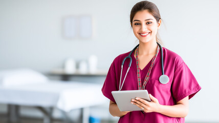 A professional young woman, appearing as a doctor or nurse, stands confidently in a hospital ward while holding a digital tablet. She wears maroon medical scrubs and a stethoscope around her neck, smi