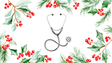 A flat lay illustration featuring a medical stethoscope centered on a white background, framed by a festive border of watercolor holly leaves, red berries, and pine branches. The design combines healt