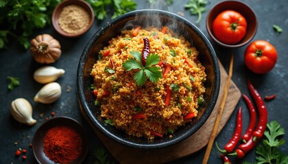 Hot Kottu Roti dish in black bowl with parsley, red chili. Sri Lankan cuisine with chopped roti, vegetables, spices. Ingredients like garlic, tomato, chili pepper around. Spicy food, culinary,