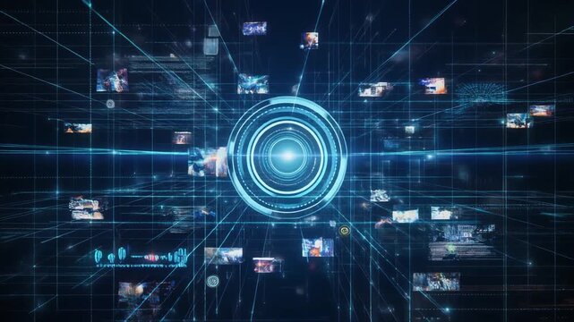 A futuristic digital network with a central glowing core connecting various data screens and information streams.