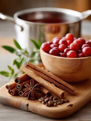 A close-up, still-life composition of ingredients for a seasonal recipe on a wooden surface. In the foreground, a wooden cutting board holds several cinnamon sticks, a whole star anise, and a pile of 