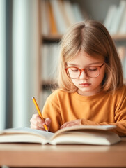 Young girl engaged in studying with a book in a warm library environment, wearing glasses and concentrating on her tasks, highlighting the importance of education
