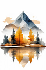 Majestic mountain landscape features vibrant autumn trees mirrored in calm lake water, highlighting the serene beauty of nature and its tranquil atmosphere