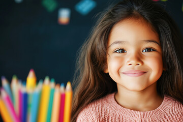 Smiling girl with long hair stands before vibrant crayons, expressing happiness and creativity in an educational setting, inspiring joy in learning