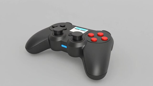 "Black video game controller with red buttons and dual analog sticks on gray surface."