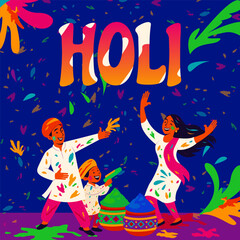 A cheerful family celebrating Holi with playful splashes of bright colors. The scene shows parents and a child enjoying the festival, surrounded by colorful powders and confetti on a vivid blue backgr