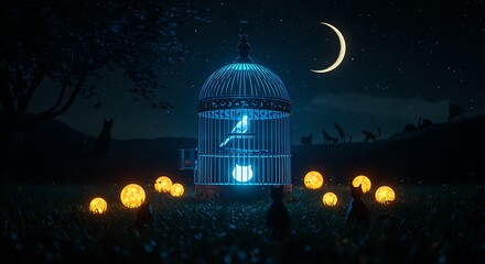 Obraz premium Nighttime Scene with Birdcage and Moonlit Landscape
