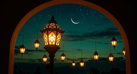 Nighttime Scene with Hanging Lanterns and Crescent Moon
