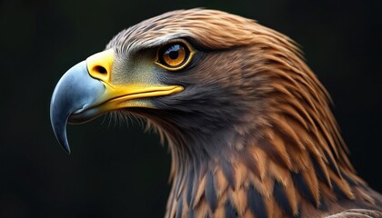 Fototapeta premium Majestic eagle head profile, sharp golden eye, powerful hooked beak. Bird of prey feathers detailed, fierce gaze, symbol of strength, freedom, wilderness.