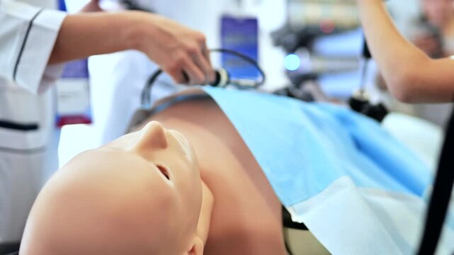 Medical students practicing laparoscopic surgery on a realistic training mannequin