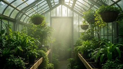 Lush Greenhouse Interior with Hanging Plants and Sunlight.