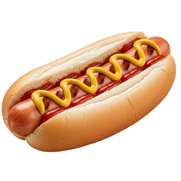 Juicy hot dog with ketchup and mustard in a bun isolated on a transparent background sausage