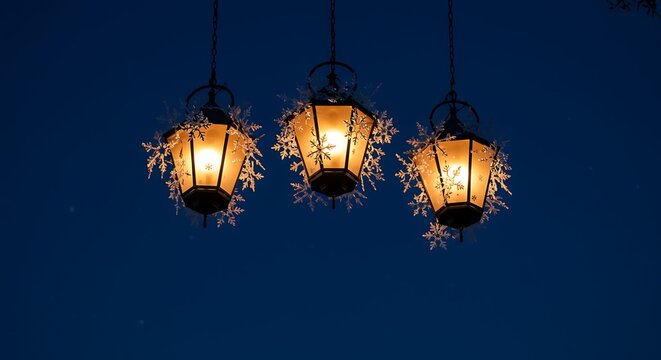 Three Hanging Lanterns with Snowflakes at Night - Powered by Adobe