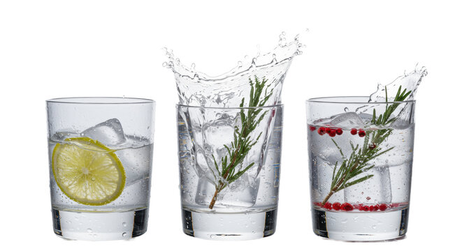 Ultra-detailed low-angle shot of three luxurious gin and tonics with condensation, lime, rosemary, and frozen impact splash on a white background. Concept for premium beverage advertising